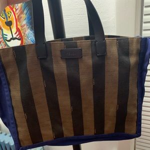 Fendi Small Blue/Brown Stripe Pequin Canvas Tote